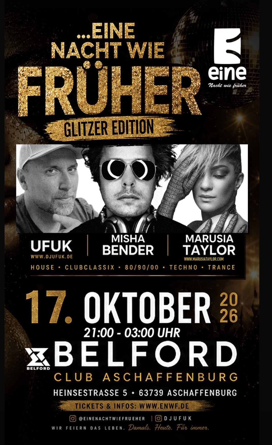 Glitter Edition am 17.10.2026 im Belford Club mit DJ Ufuk, Misha Bender und Marusia Taylor