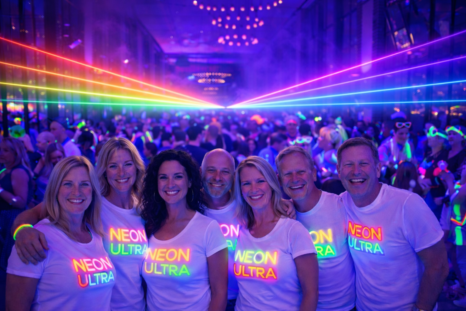Neon Ultra Gäste vor farbigen Laserstrahlen