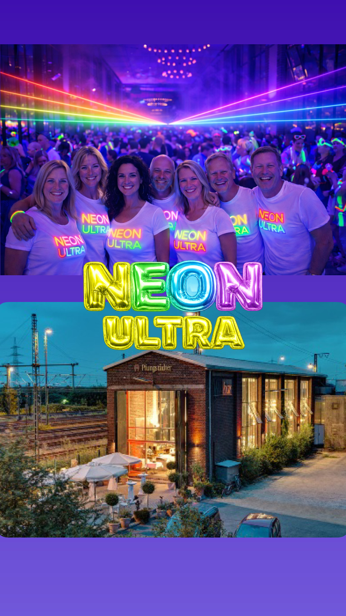 Neon Ultra Party mit feiernden Gästen und der Location Hüttenpalast